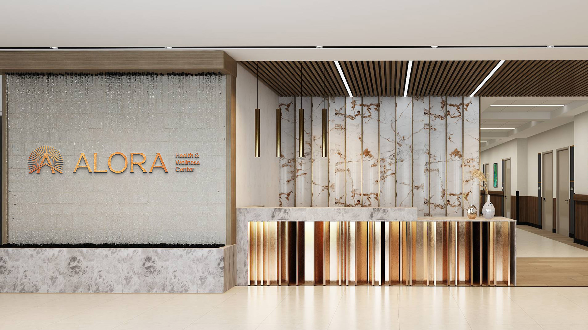 Alora Health & Wellness Center lobby with a backlit copper wordmark on a textured feature wall above a marble reception desk