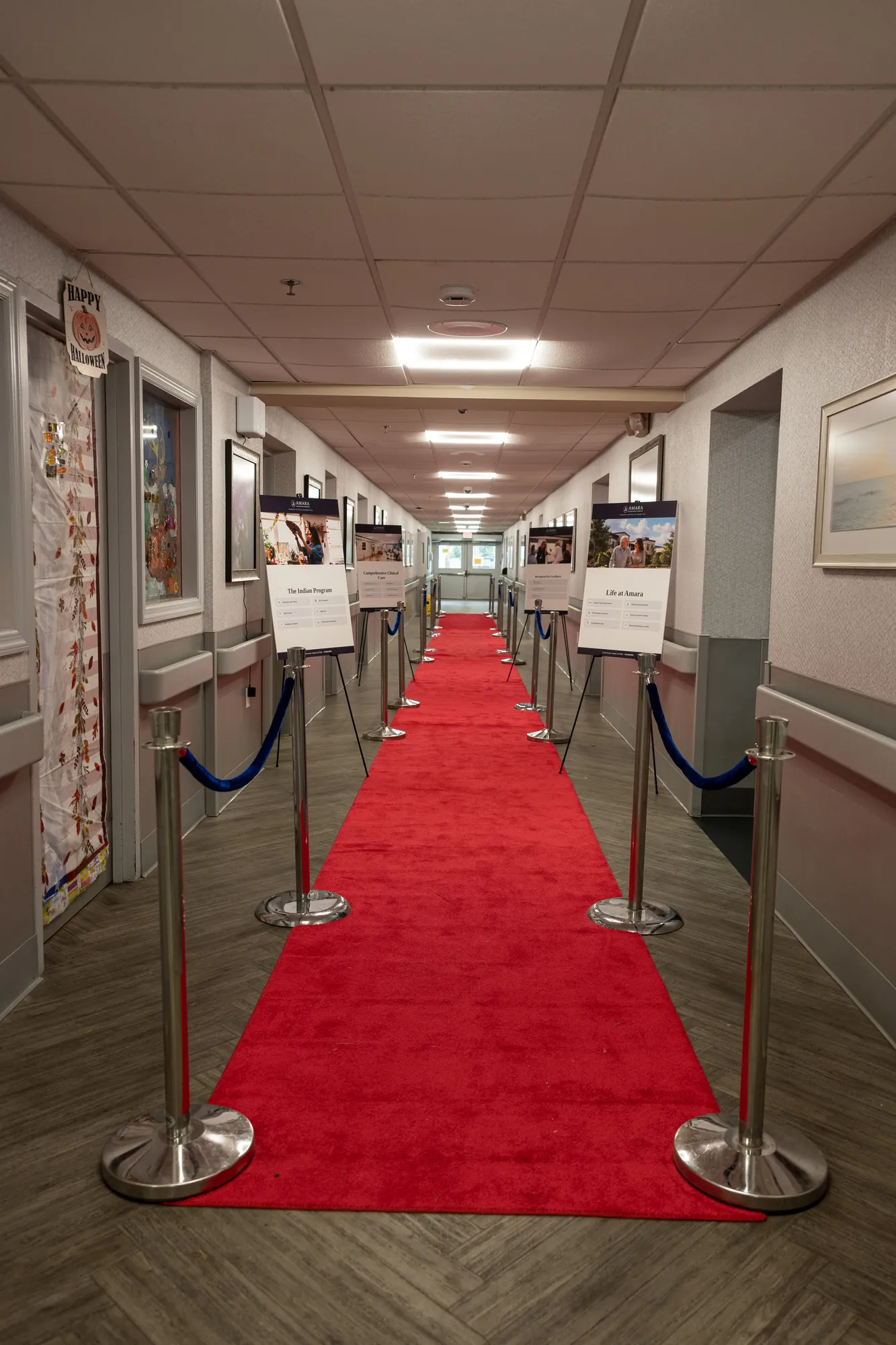 The full length of the red carpet corridor at the Amara open house, stanchions on both sides