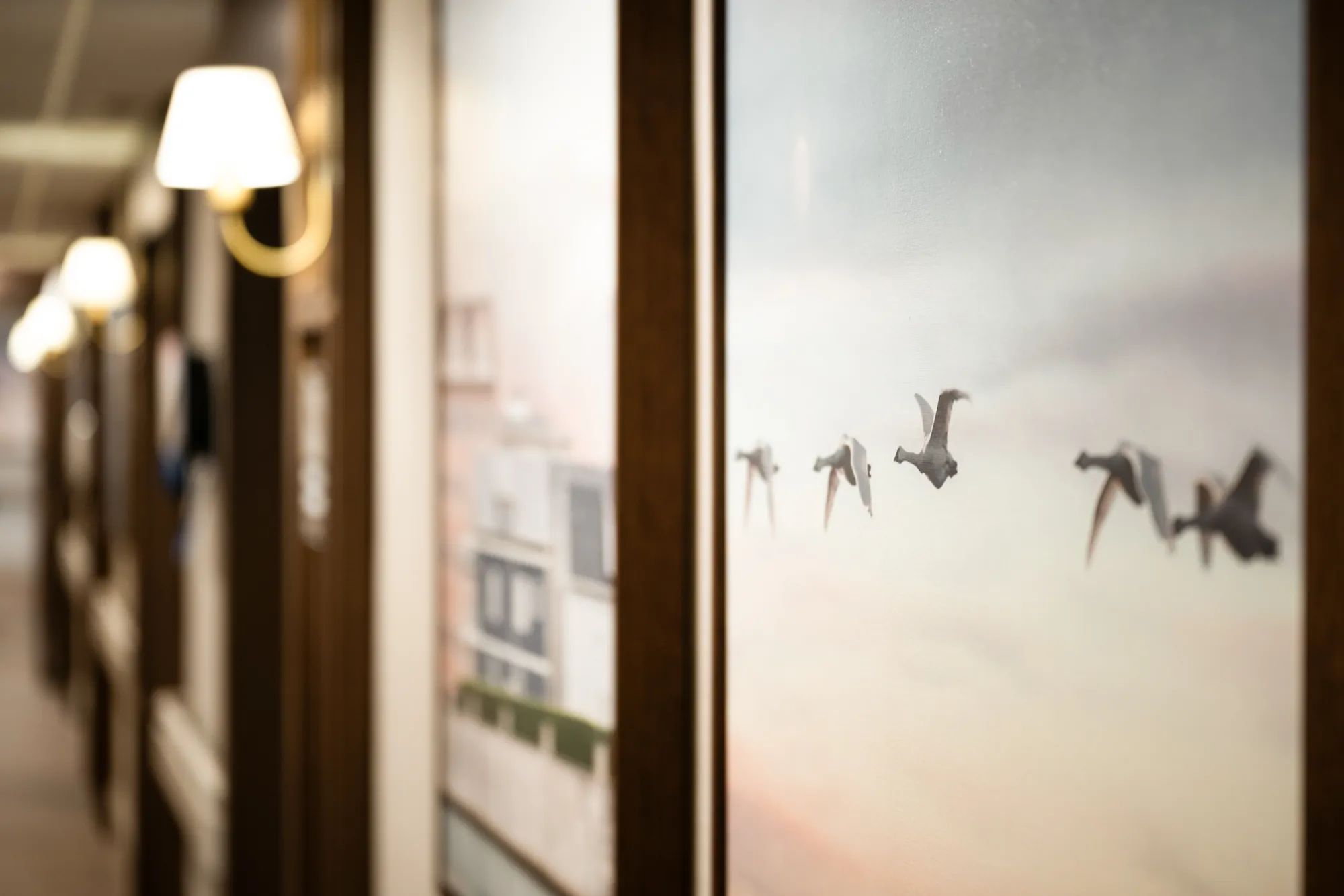 Frosted glass at Amara etched with a flight of birds