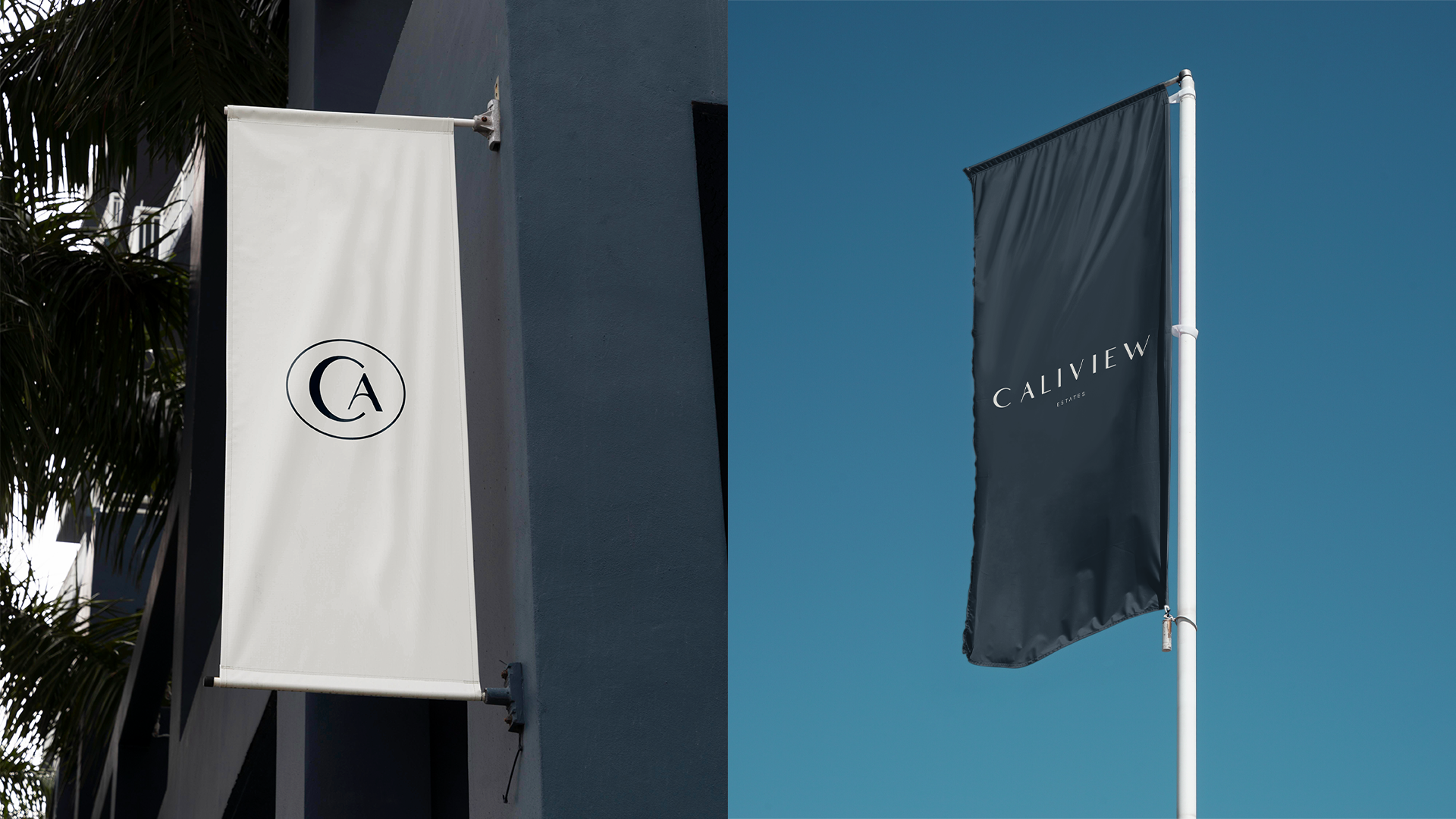 Caliview Estates banners, a white wall banner with the CA monogram and a navy flag with the wordmark