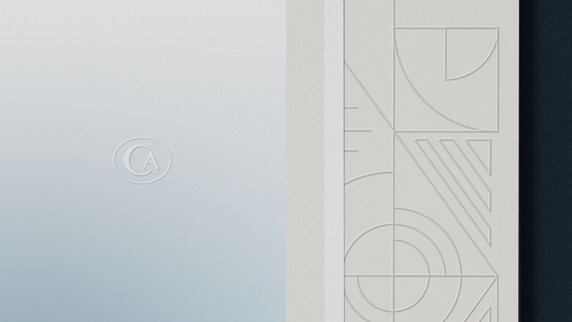 Close-up of the embossed Caliview CA monogram and the line-drawn pattern on the brochure cover