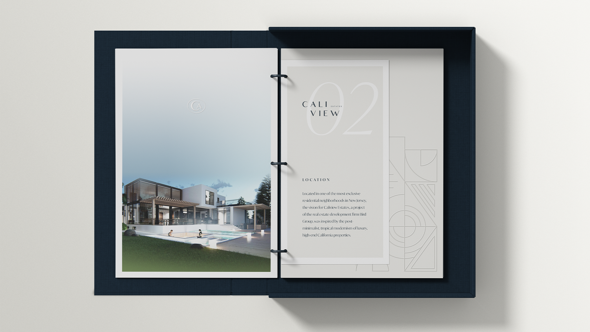 Open Caliview Estates ring binder showing a house rendering beside a location page