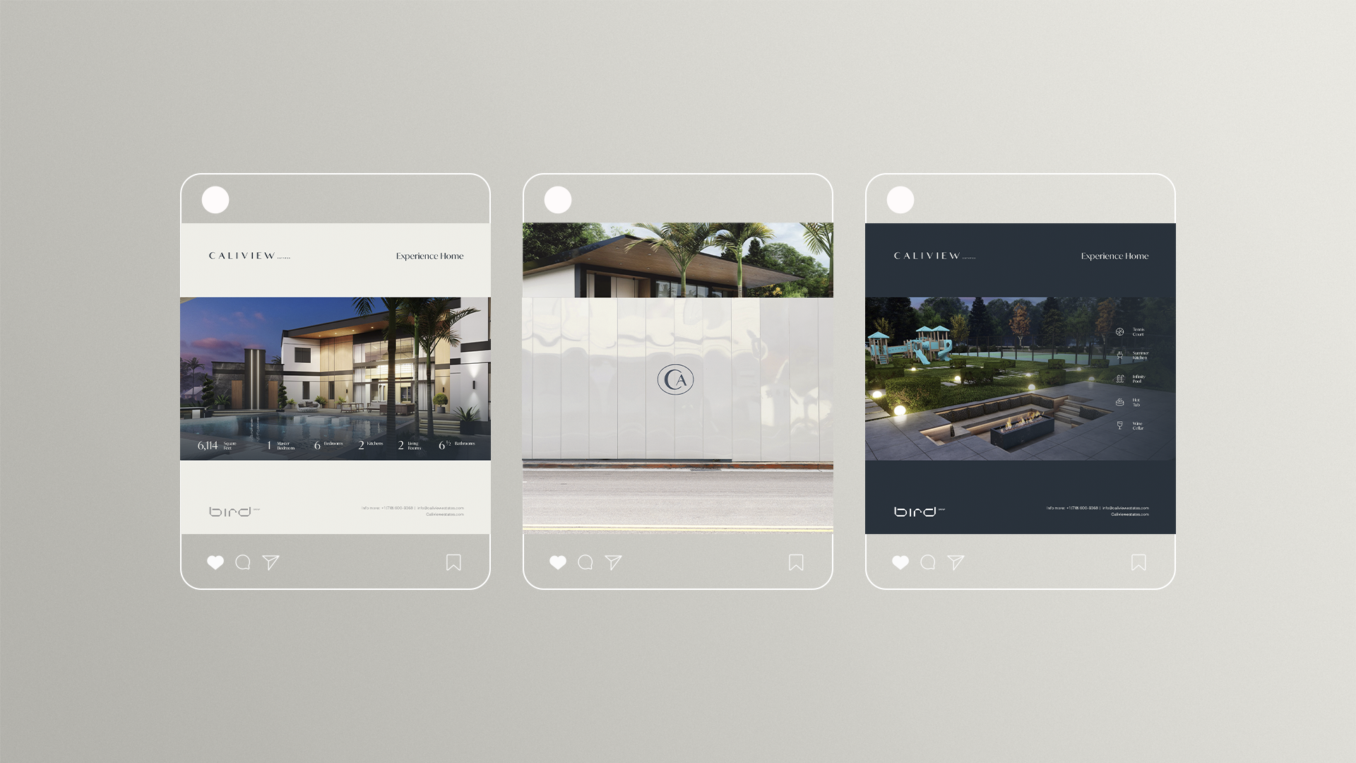 Three Caliview Estates social posts showing the residence, the monogram wall, and the outdoor amenities