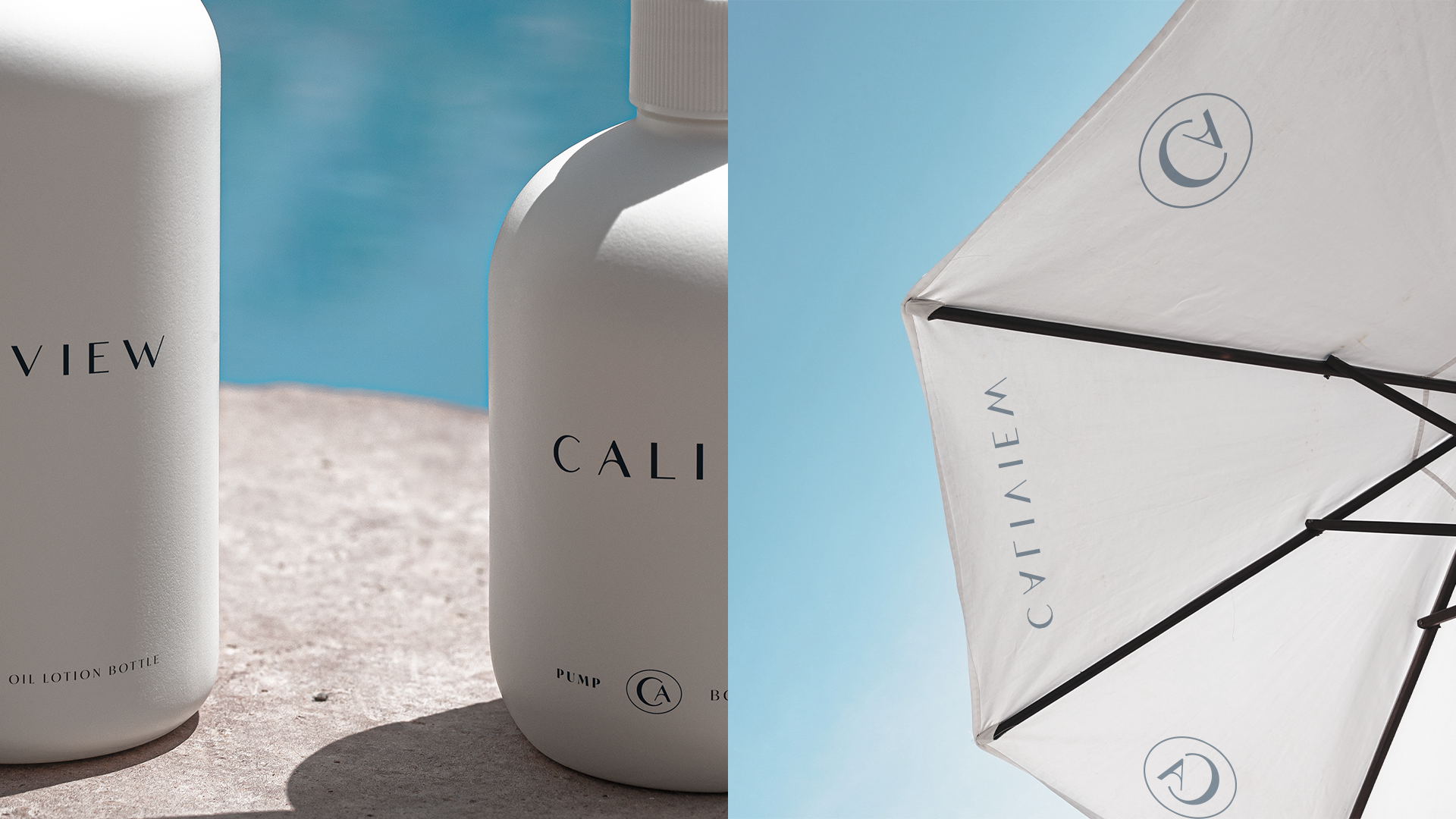 Caliview Estates branded lotion bottles by a pool and a parasol printed with the CA monogram