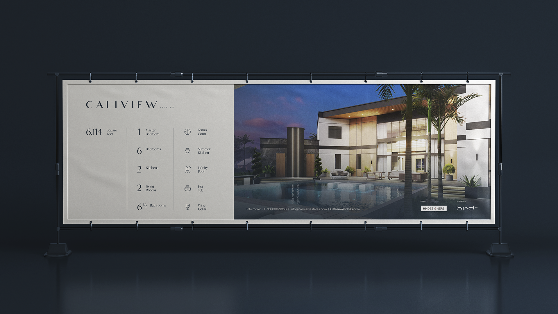 Outdoor site banner listing the residence specifications beside a twilight rendering