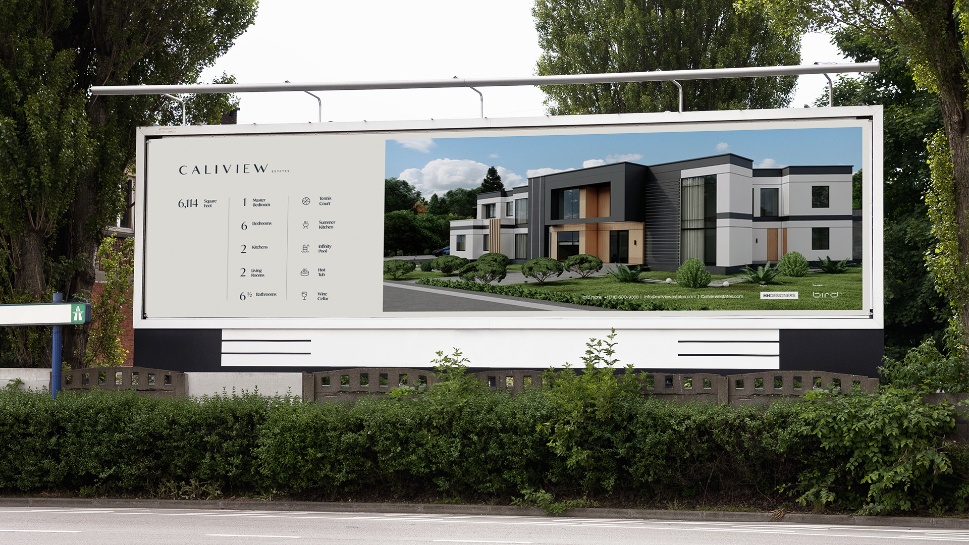 Roadside billboard with the Caliview Estates specifications and a rendering of the residence