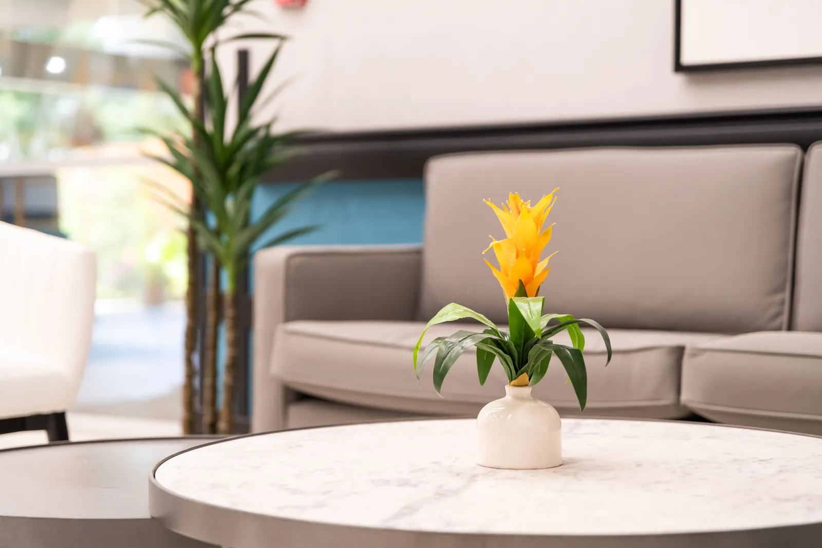 Yellow flower in a small white vase on a marble coffee table in a Carlton Shores lounge