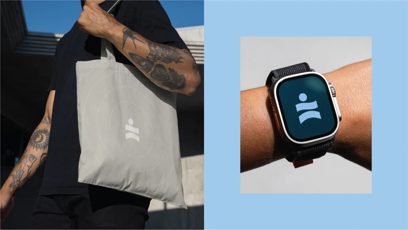Carlton Shores tote bag and smartwatch face mockups on a light blue background