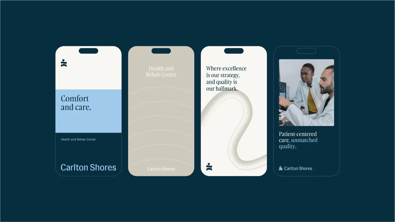 Three Carlton Shores Instagram story phone mockups on a deep teal background