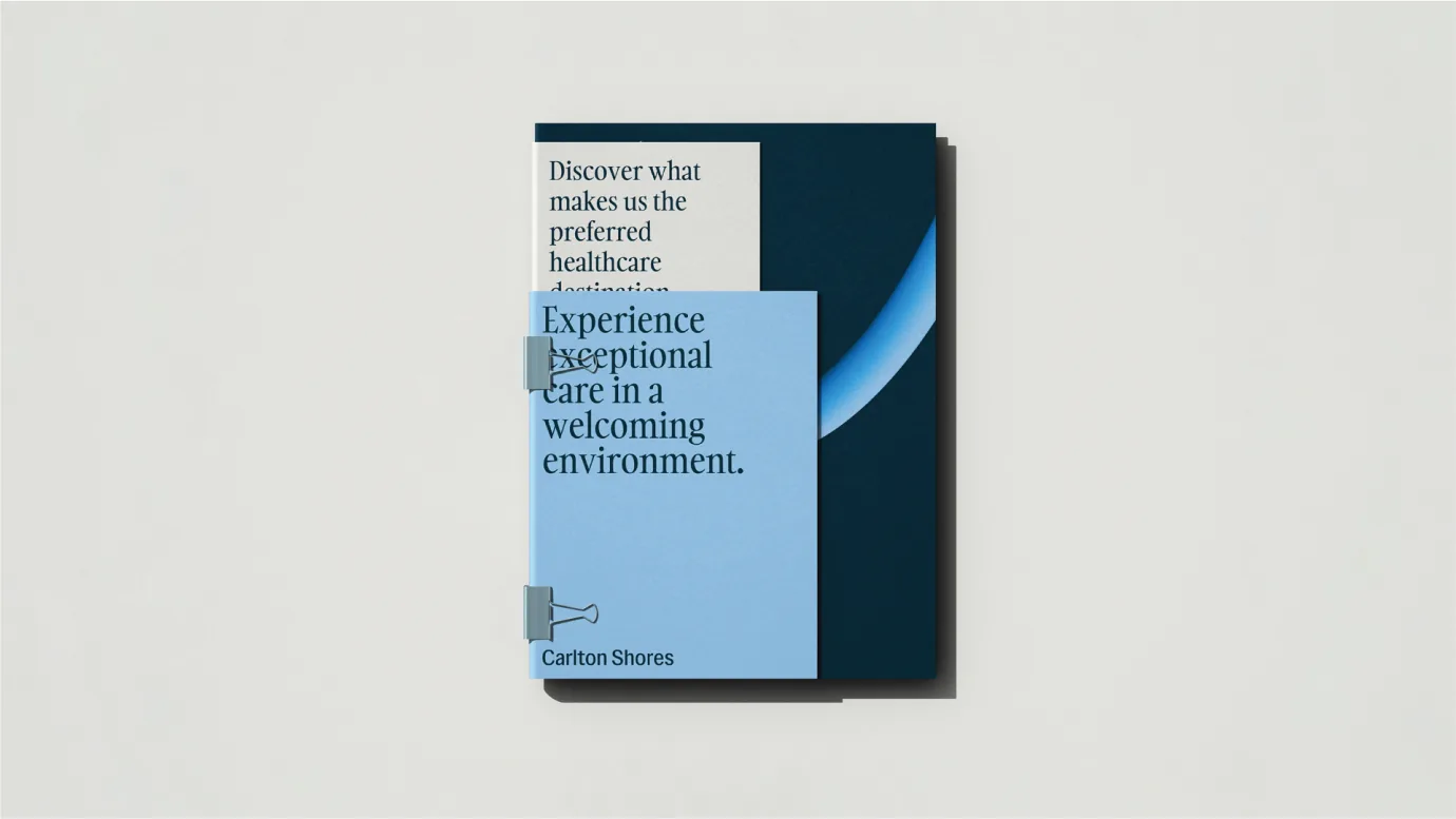 Carlton Shores referral folder mockup on a clean surface