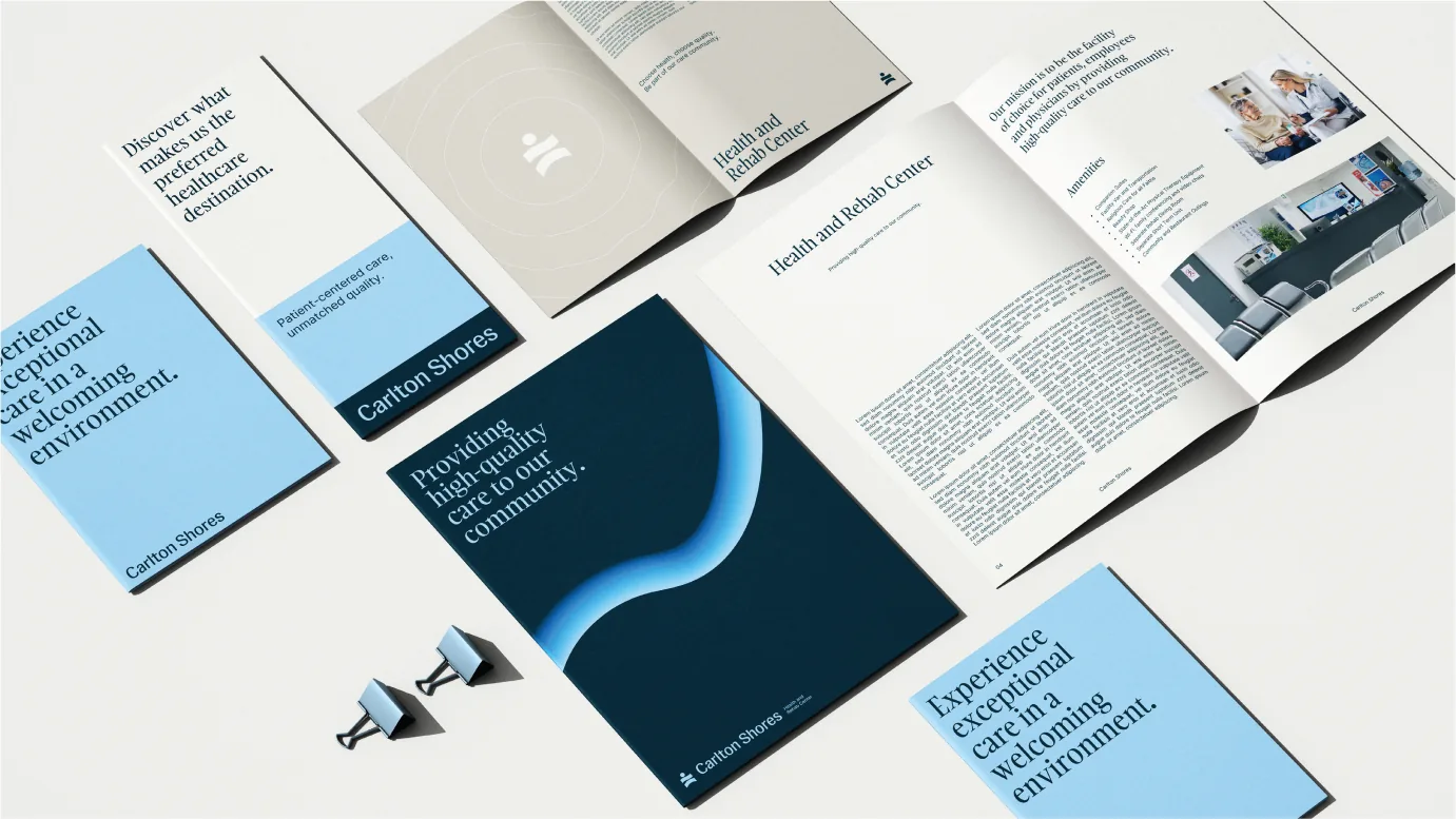 Carlton Shores brand and brochure spread, multiple pieces laid out together