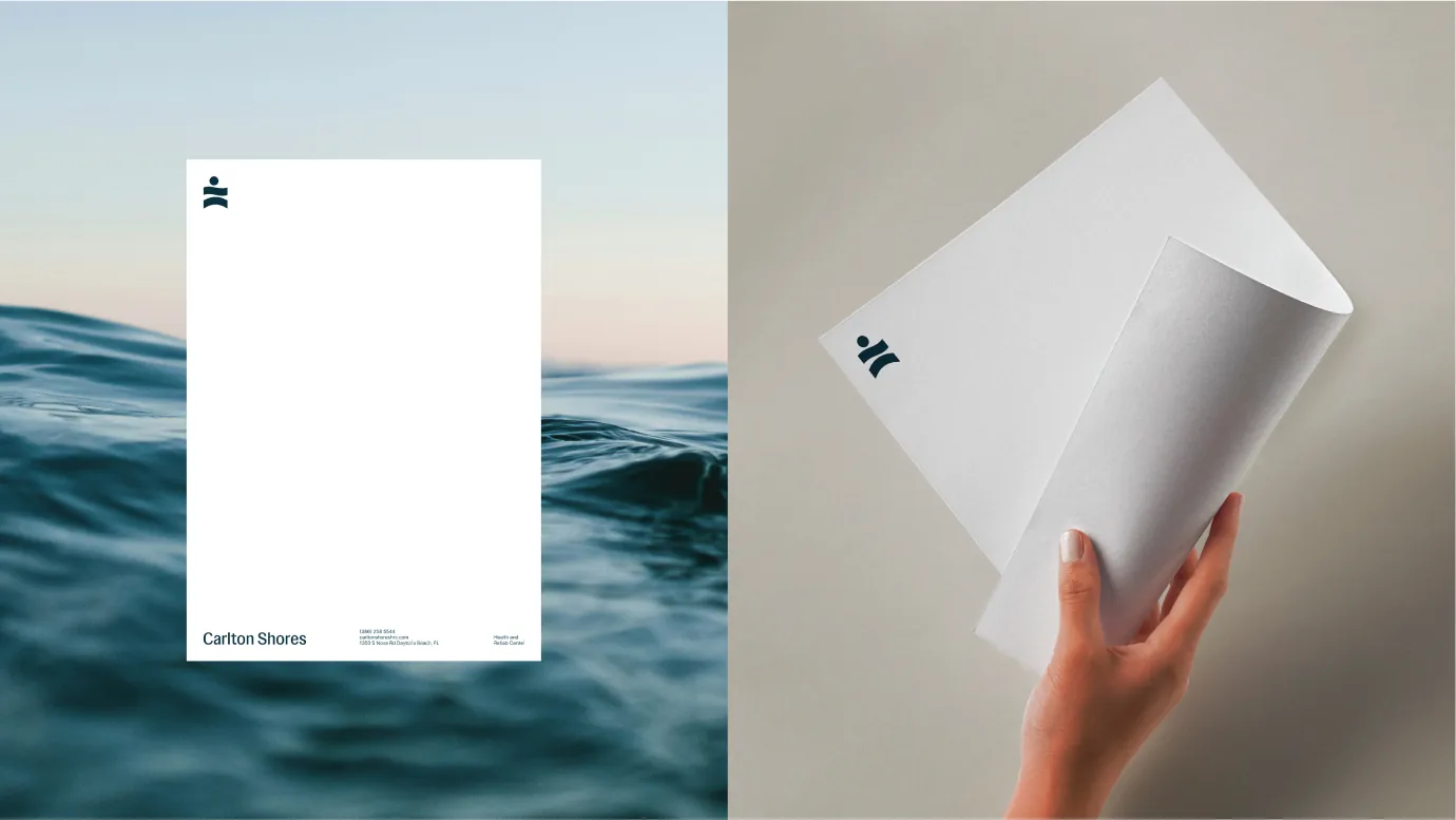 Carlton Shores letterhead mockup overlaid on an ocean image