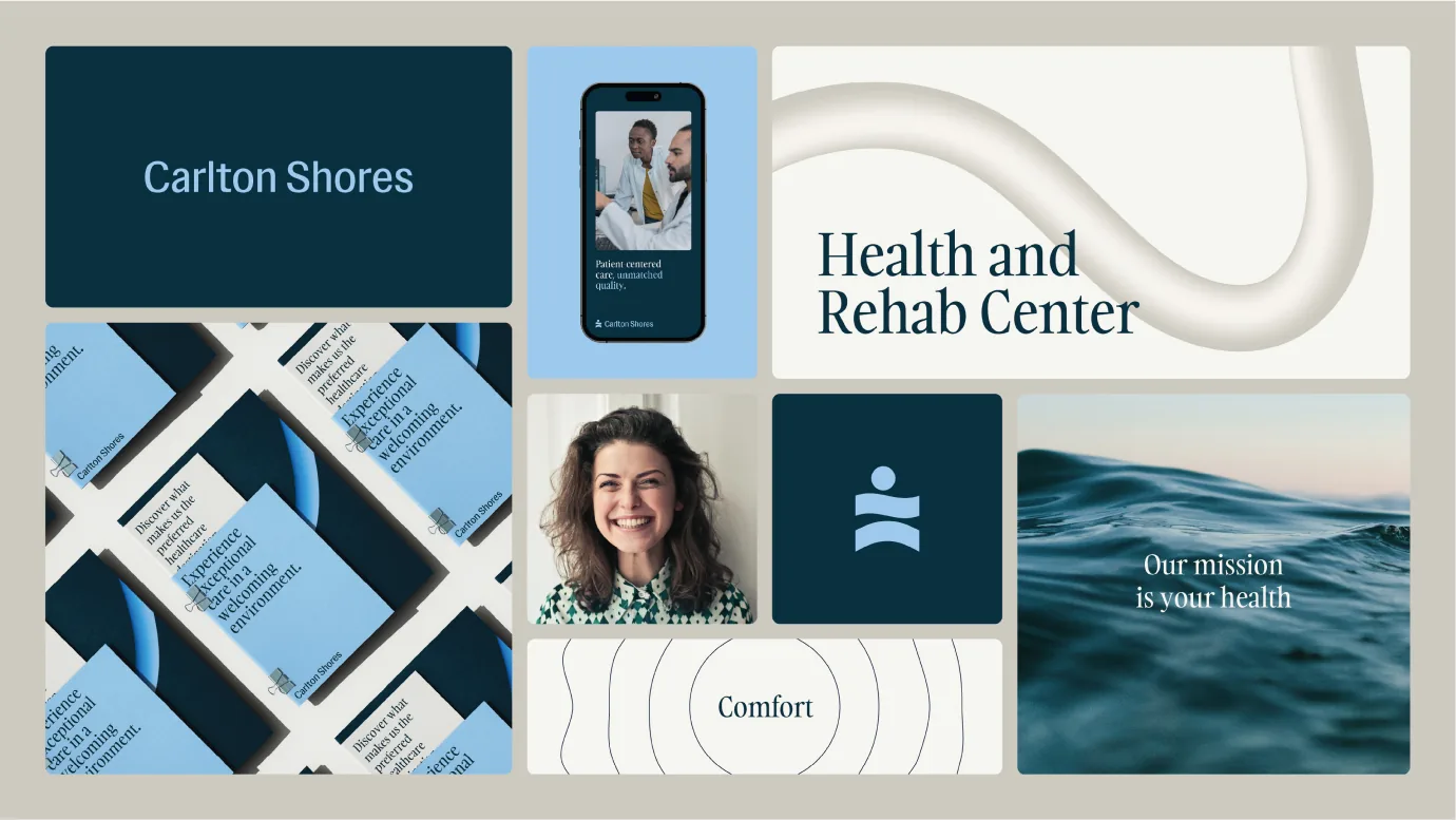 Carlton Shores brand system overview, multiple pieces composited on a single layout
