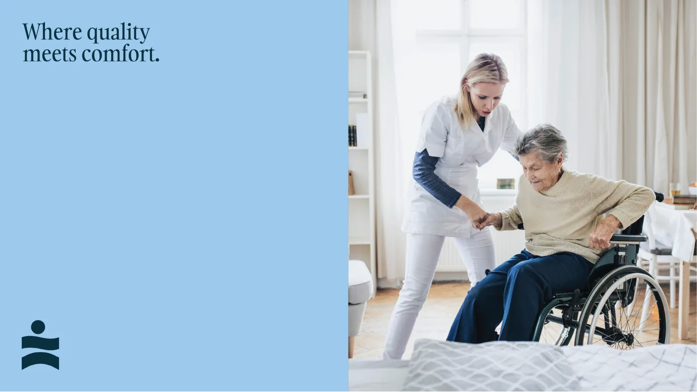 Carlton Shores caregiver photo paired with brand block, where quality meets comfort