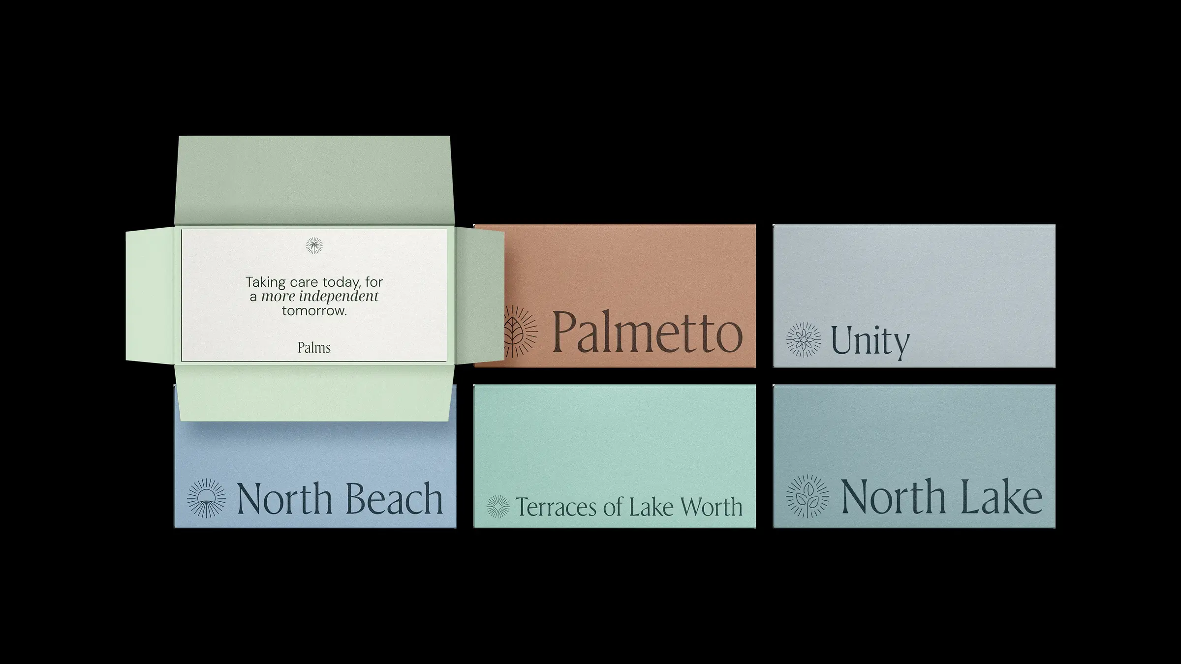 Packaging boxes for all six facilities laid out in their brand colors, each with its custom mark and wordmark