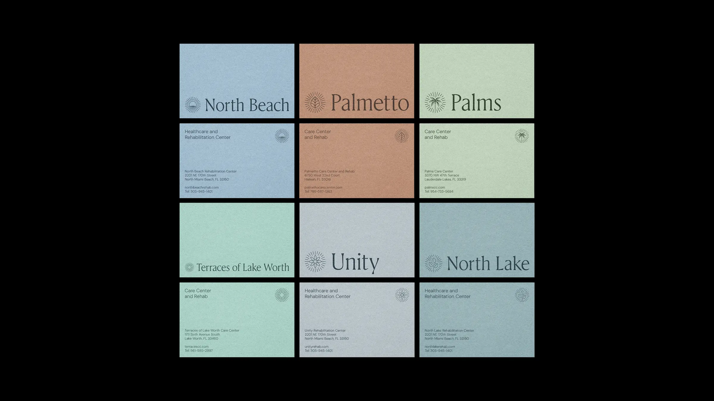 Business card grid showing all six facility brands in their distinct colors with shared typography and sunrise marks
