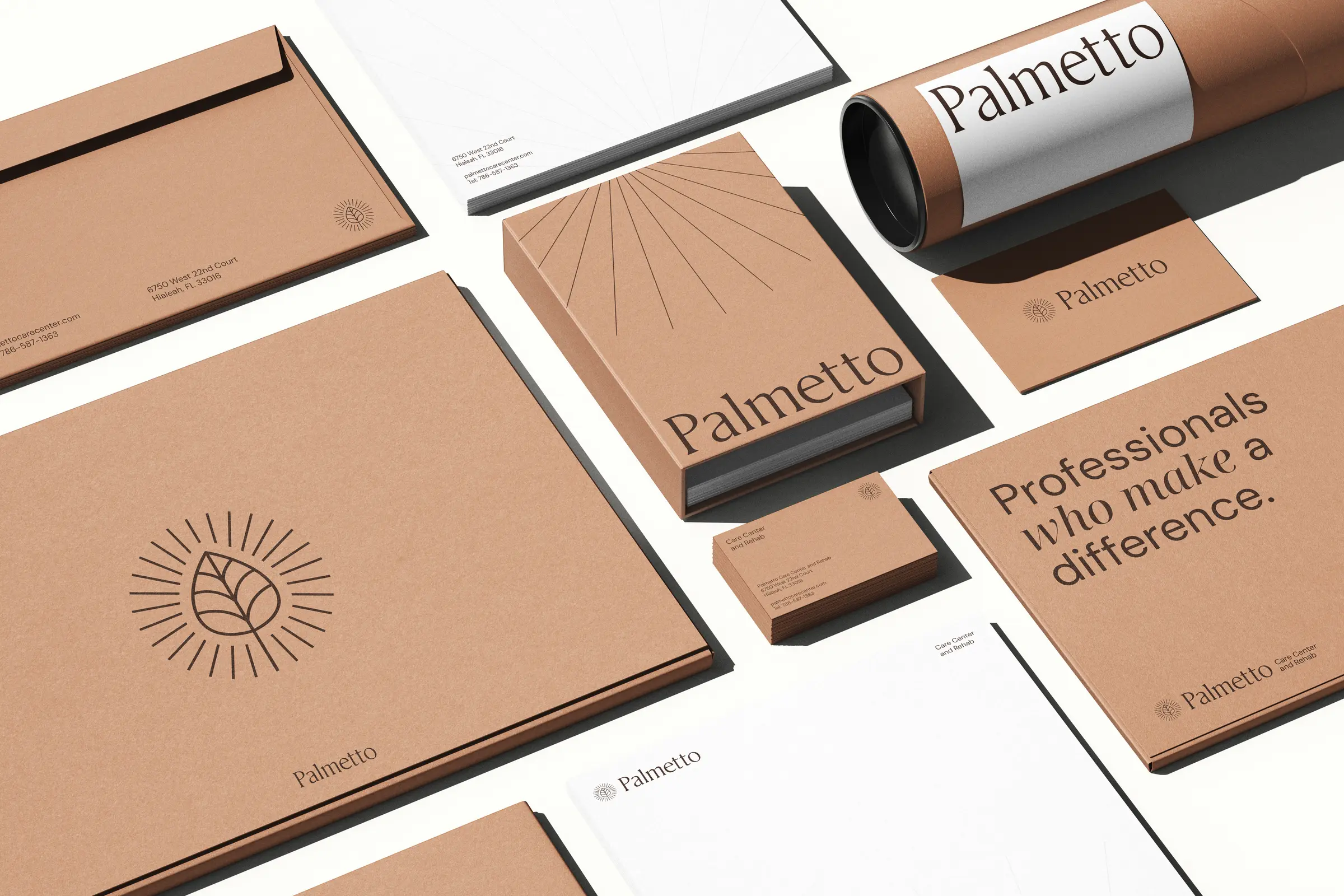 Terraces of Lake Worth stationery system in sea green, including envelopes, letterhead, folders, and business cards