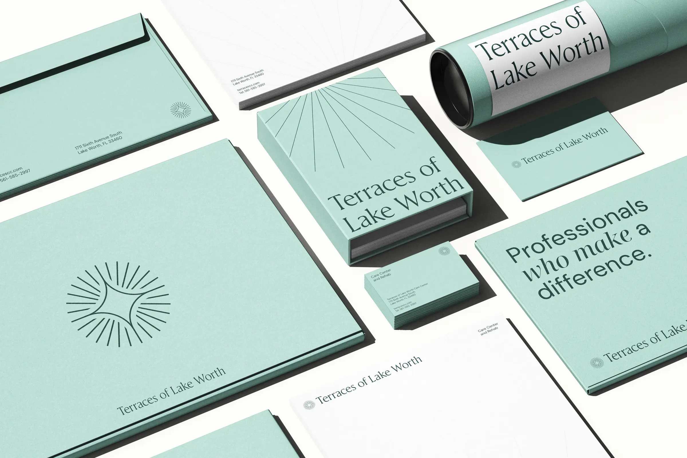 Letterhead grid for all six facilities, each marked with a wordmark, mark, and address block