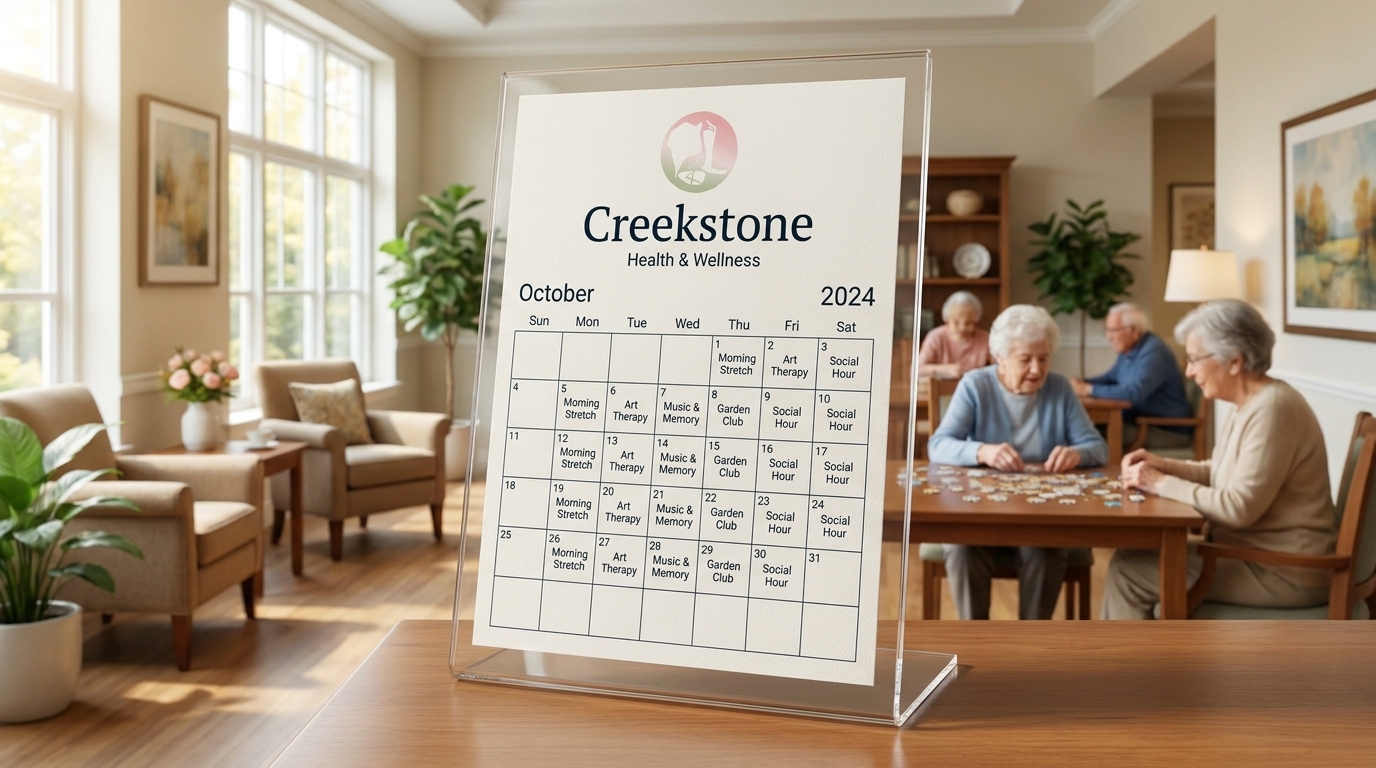 Creekstone October activity calendar on acrylic stand in resident common room