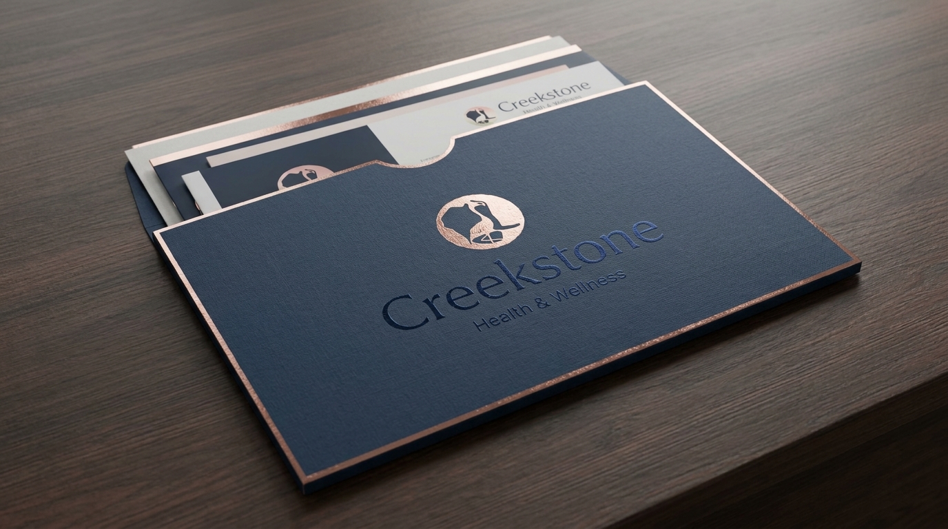 Creekstone cream admissions packet open with letterhead and business cards