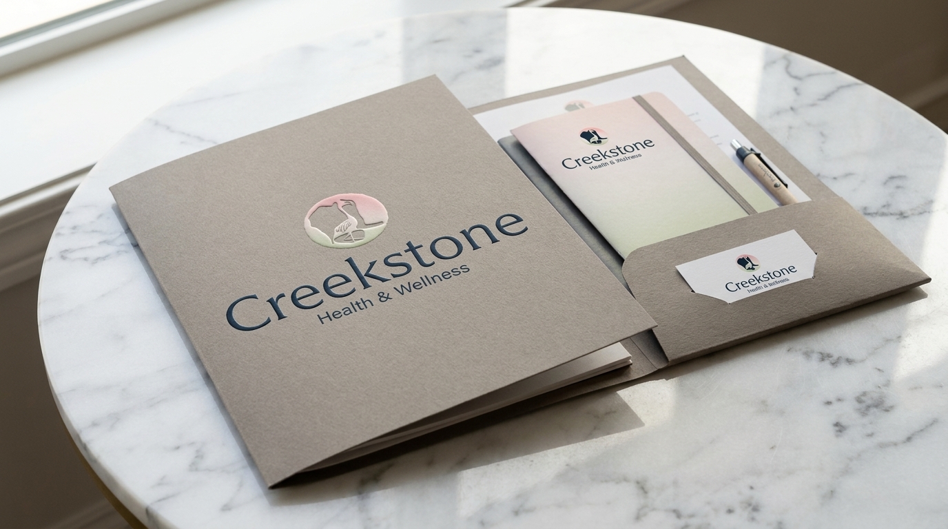 Creekstone kraft admissions folder with gradient mark, notepad and business card