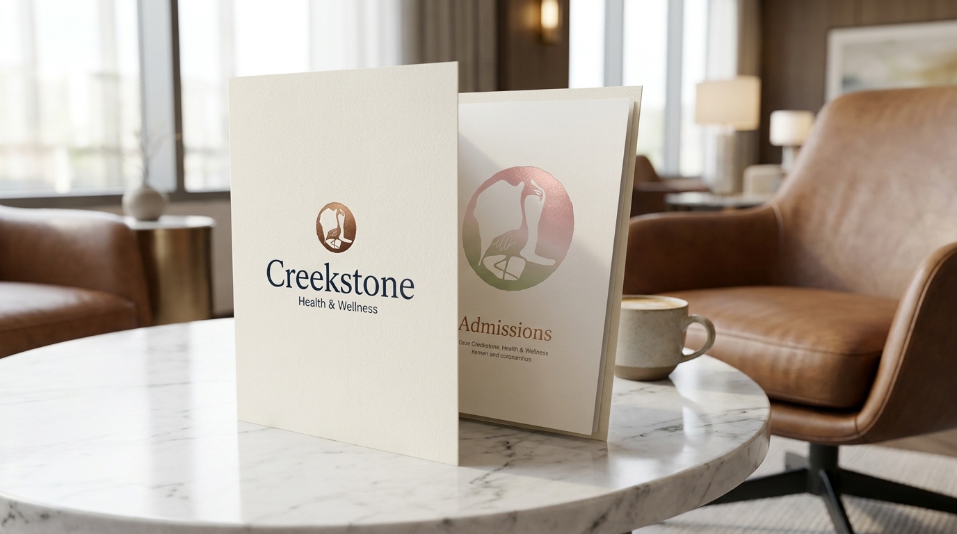 Creekstone admissions packet and brochure on marble table