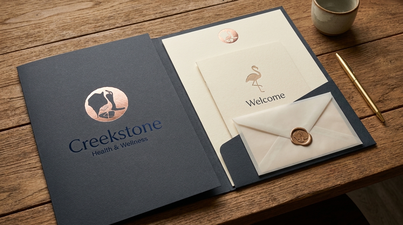 Creekstone admissions packet with navy ribbon and flamingo wax seal