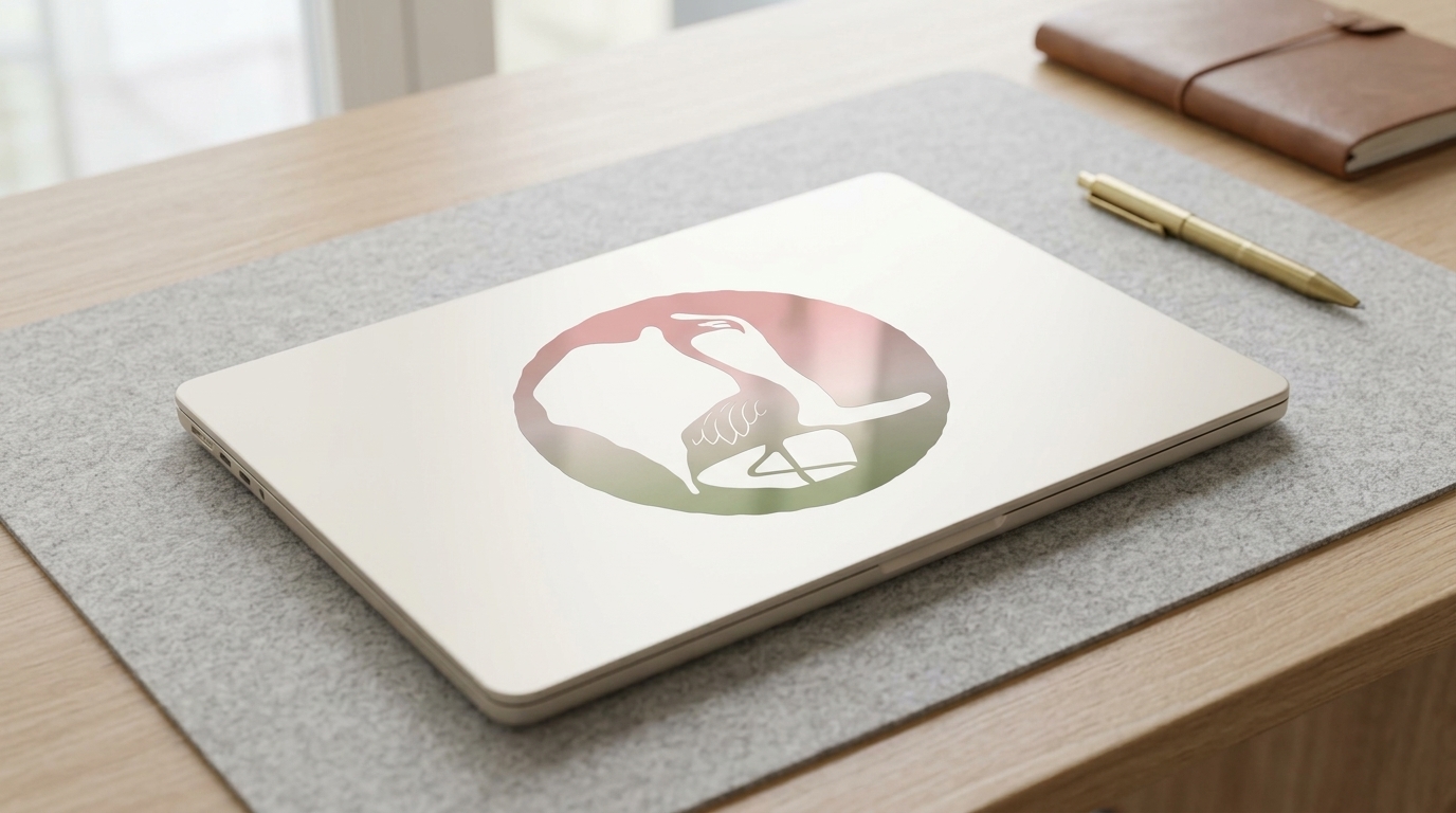 Creekstone gradient flamingo mark on the lid of a MacBook Air