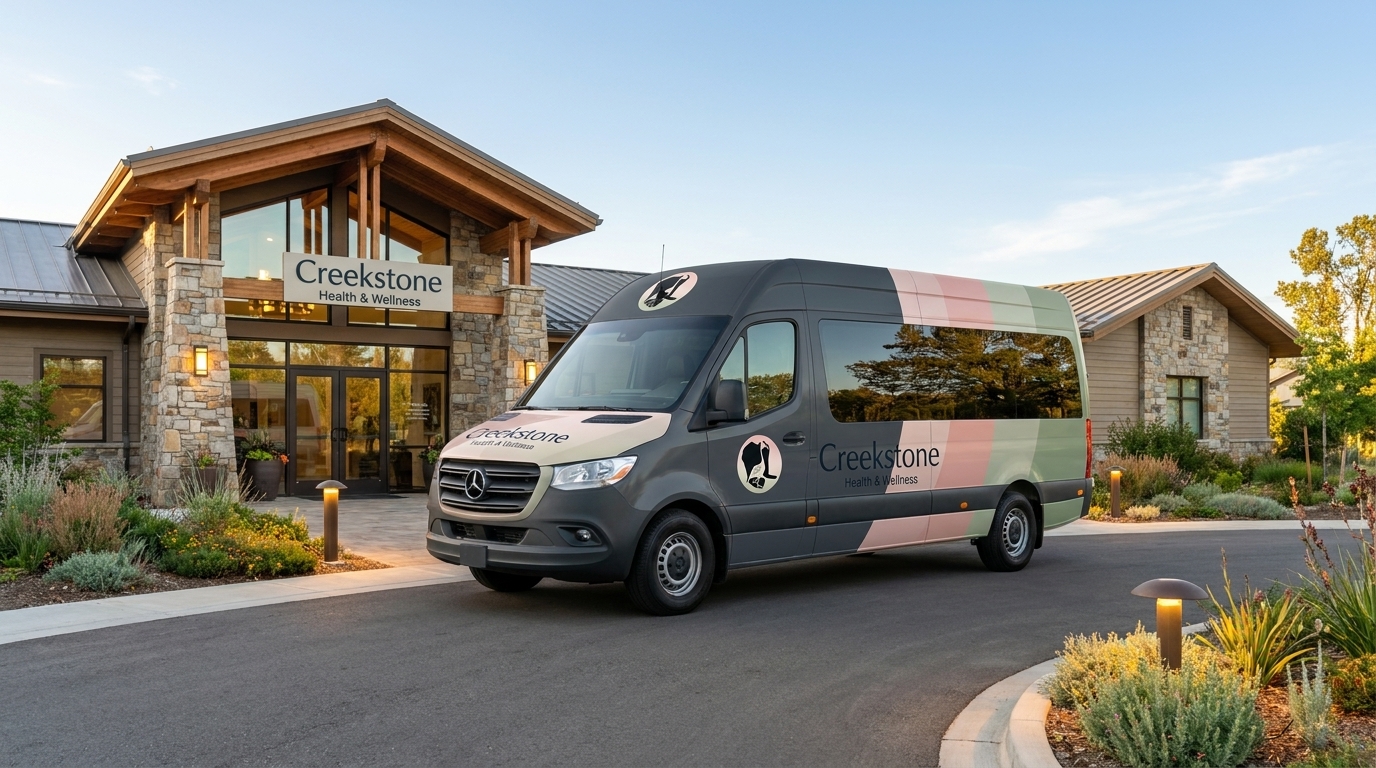 Creekstone Mercedes Sprinter shuttle with colorblock pink and sage green wrap