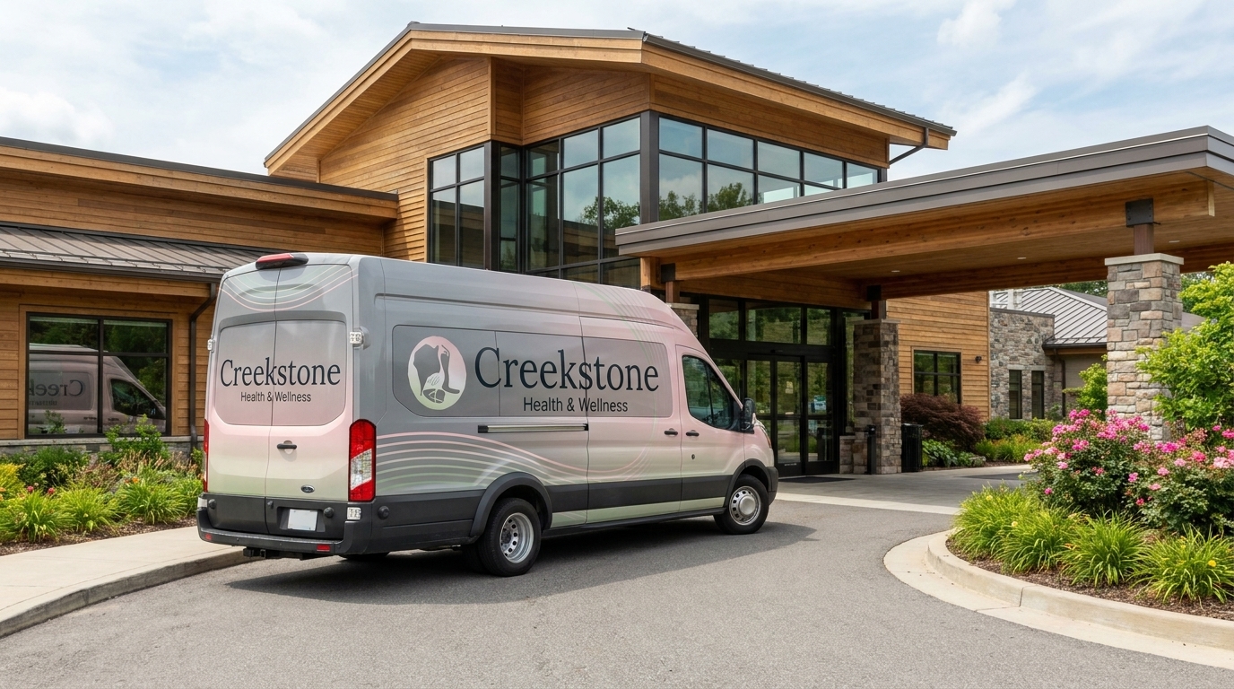 Creekstone Ford Transit shuttle with pink and grey gradient wrap