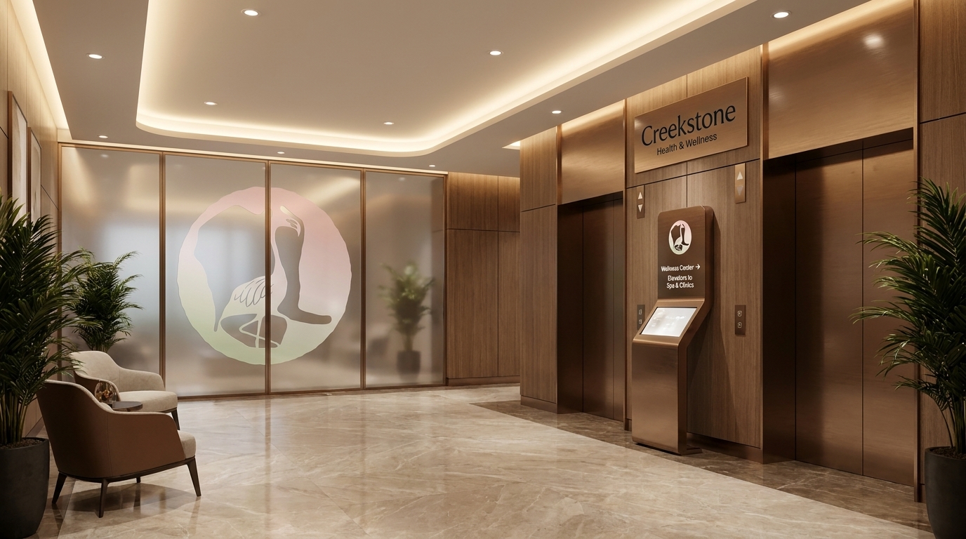 Creekstone elevator lobby with backlit logo, brass wayfinding plaque, and flamingo wall medallion