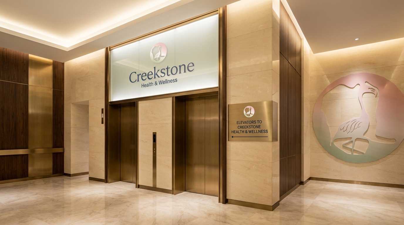 Lobby frosted glass panels with Creekstone flamingo mark