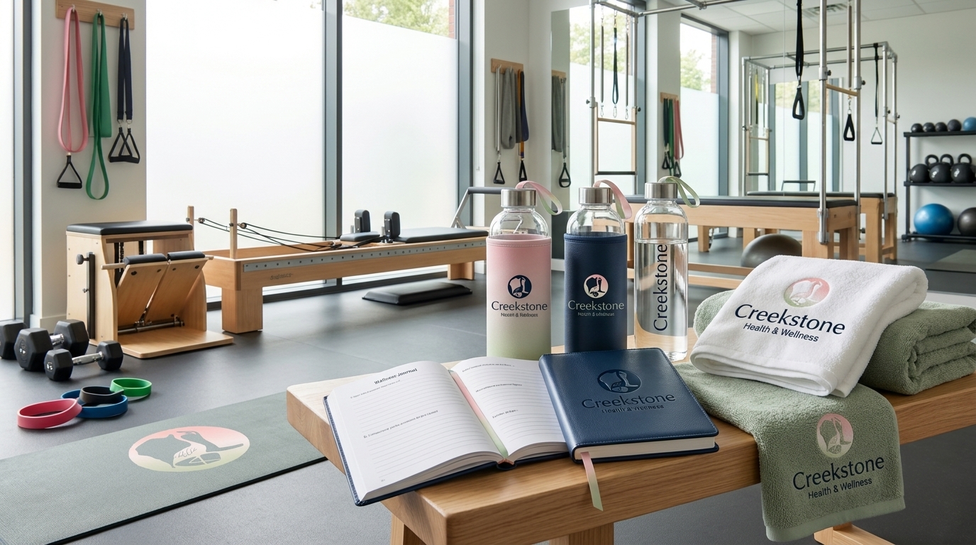 Creekstone branded water bottles, journals, and towels in light gym setting