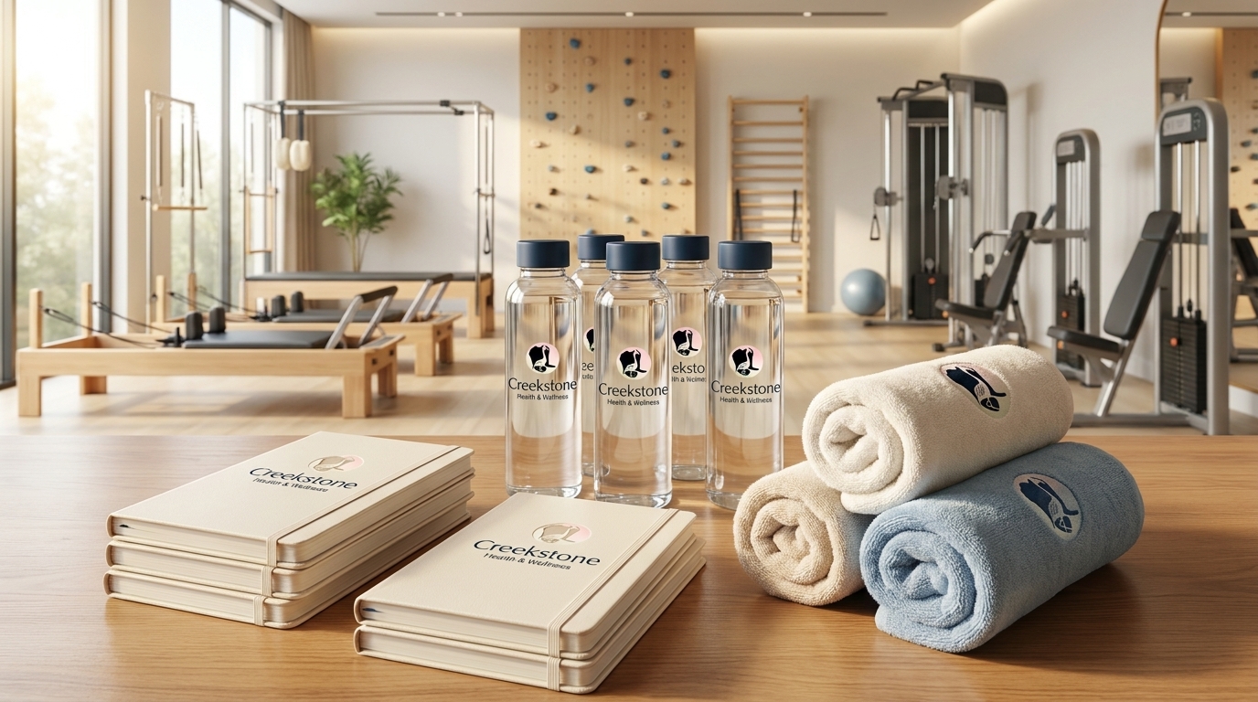 Creekstone branded wellness journals, glass water bottles, and sage towels in Pilates studio