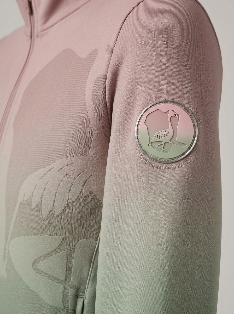 Creekstone performance apparel with embossed flamingo medallion and tonal gradient print