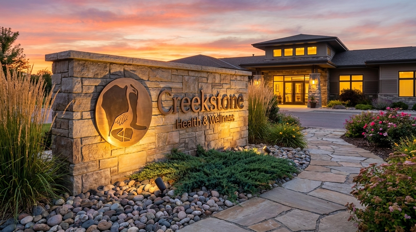 Creekstone stone monument at entrance, warm golden hour