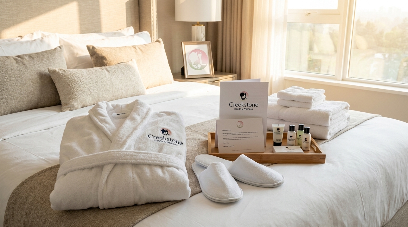 Creekstone resident arrival suite with branded robe, welcome tray, and amenities on bed