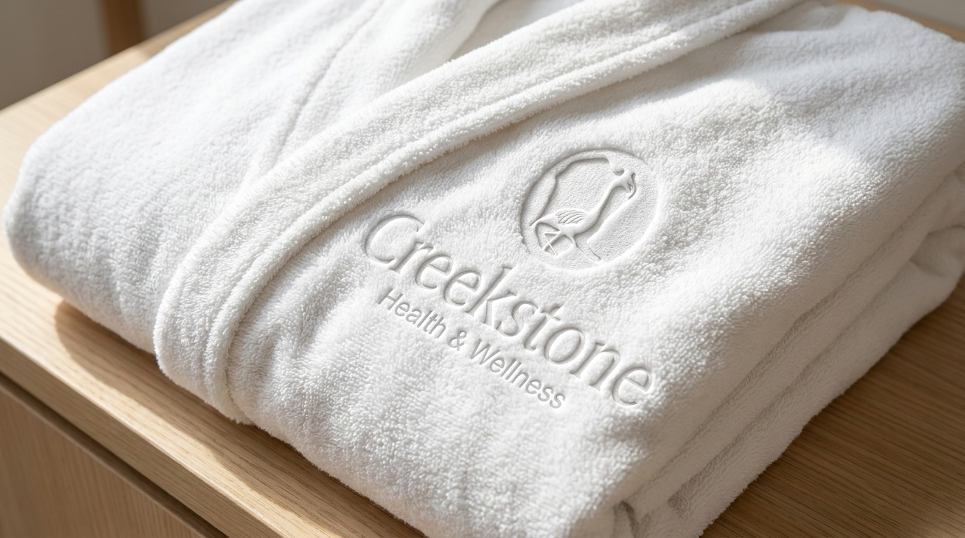 Creekstone embossed robe close-up with flamingo logo