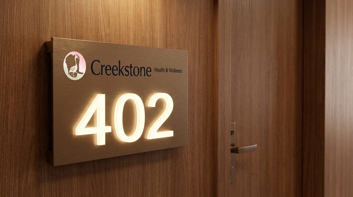 Room 402 backlit brass plaque with Creekstone logo