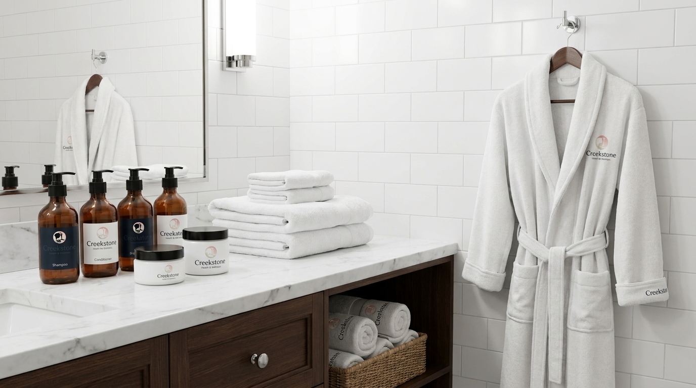 Creekstone spa bathroom with branded amber bottles, robe, and towels