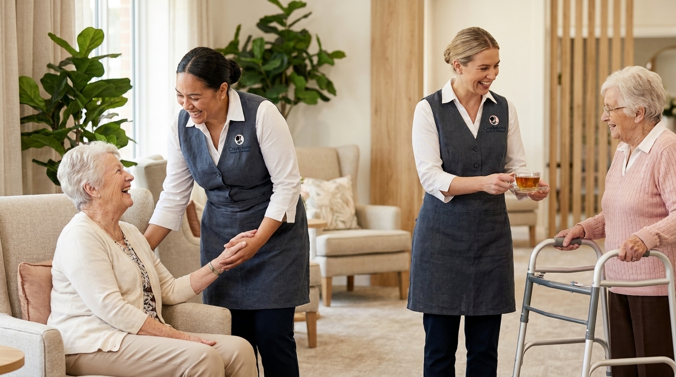 Creekstone staff in branded linen aprons interacting warmly with residents indoors