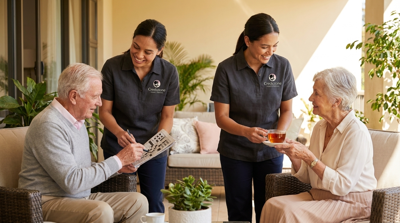 Creekstone staff in branded polo shirts with residents on outdoor terrace