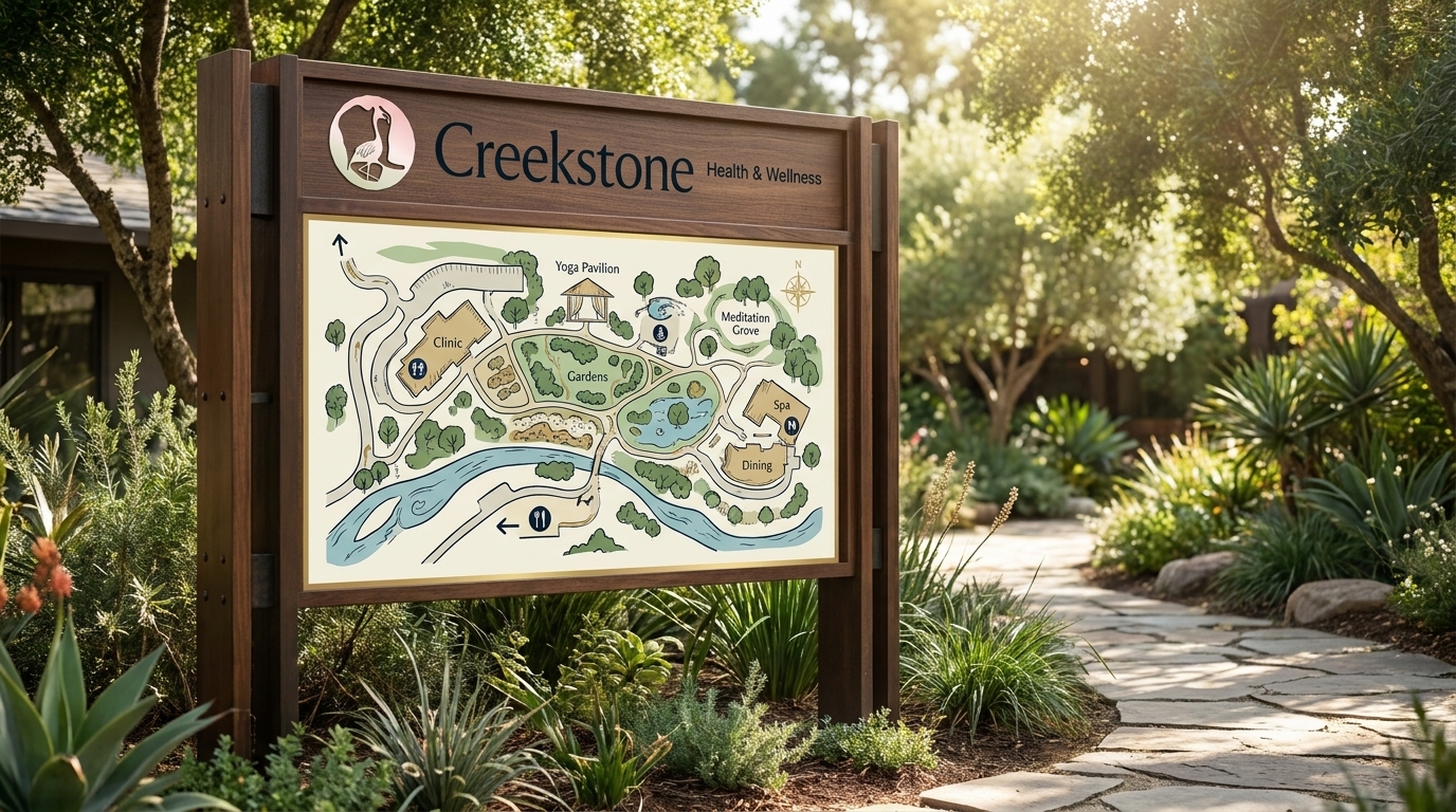 Creekstone campus map wayfinding sign outdoors