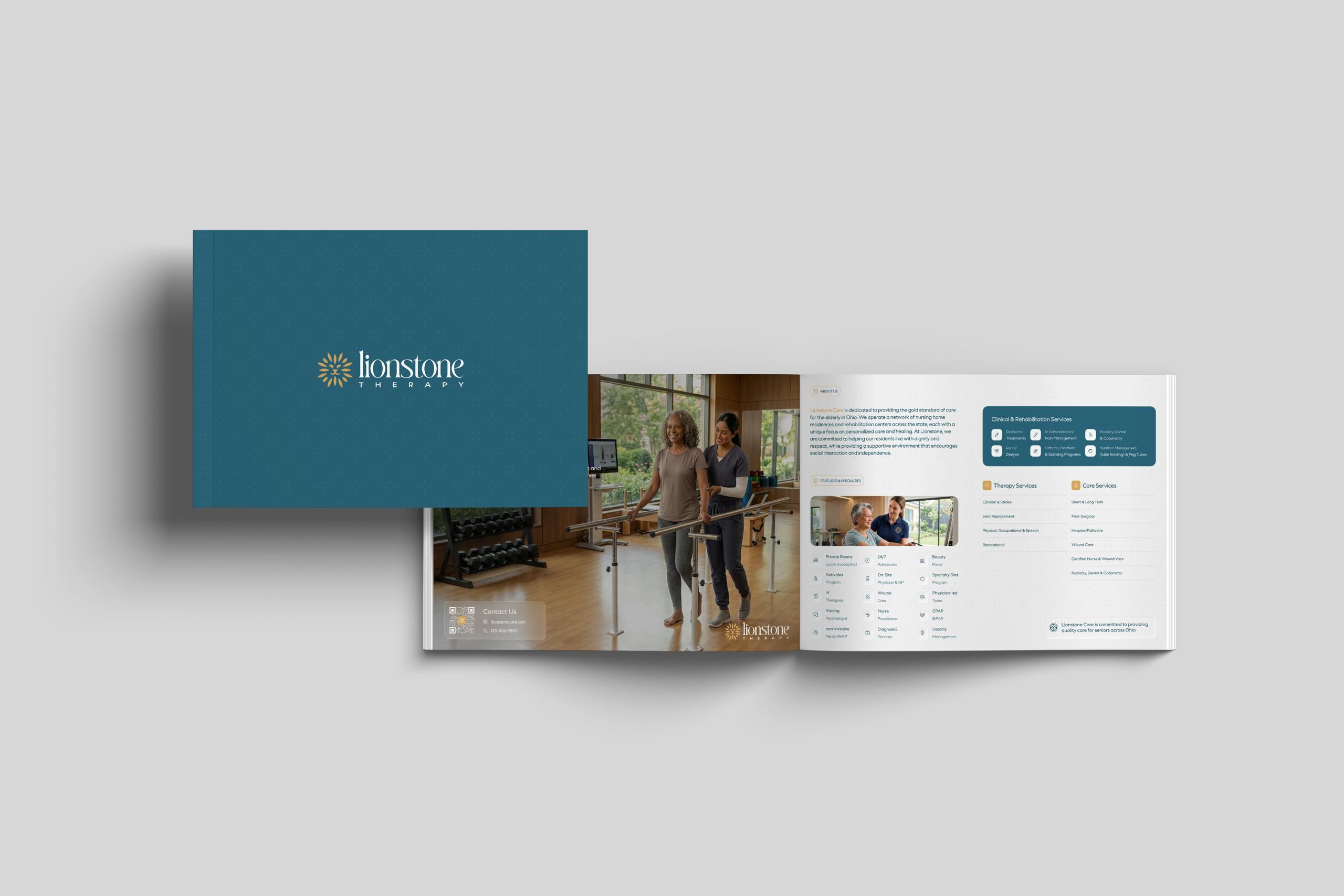 Lionstone Therapy brochure interior spread showing services and specialties