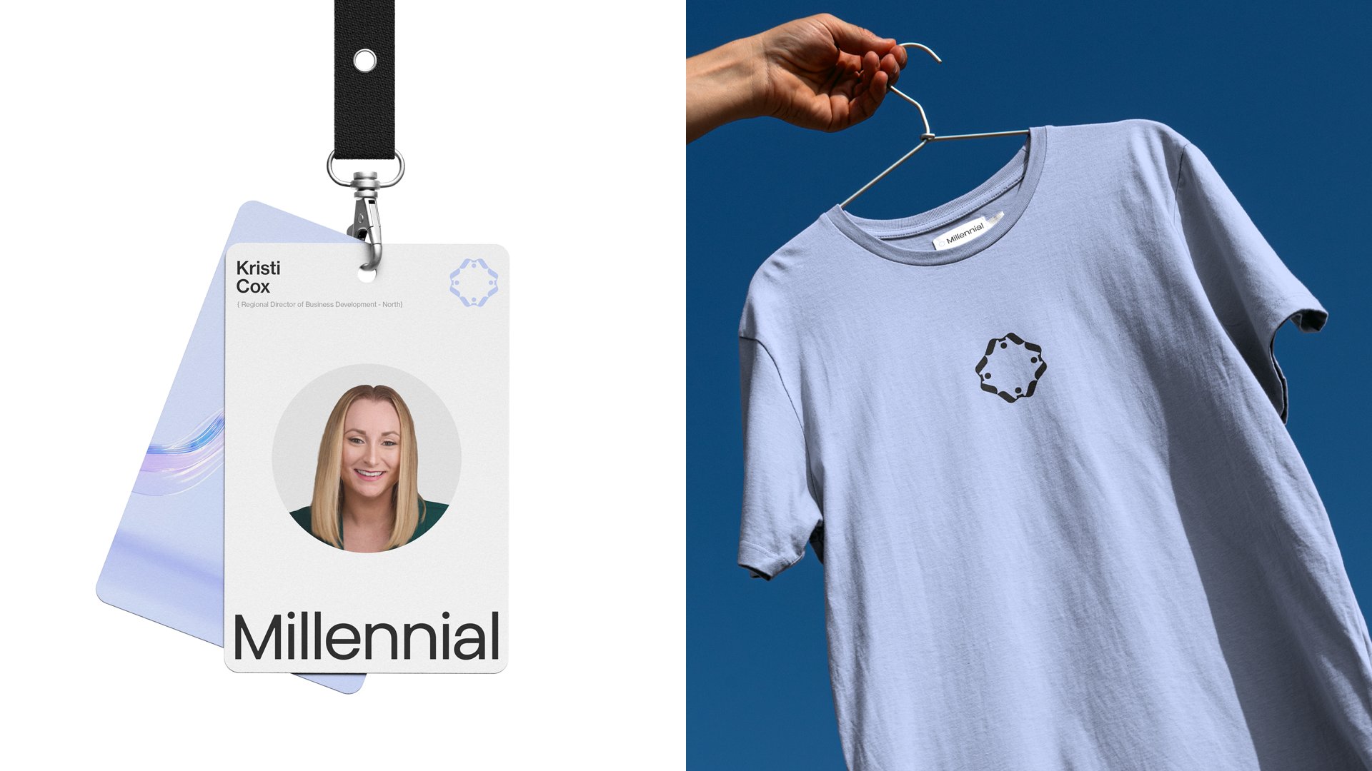 Millennial branded tee in light blue with badge lanyard