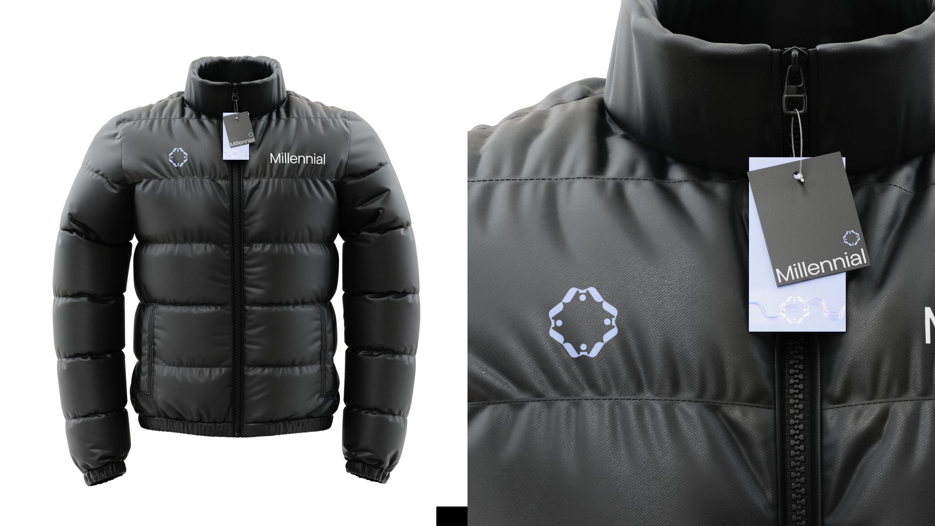Millennial puffer jacket with embossed mark and woven tag