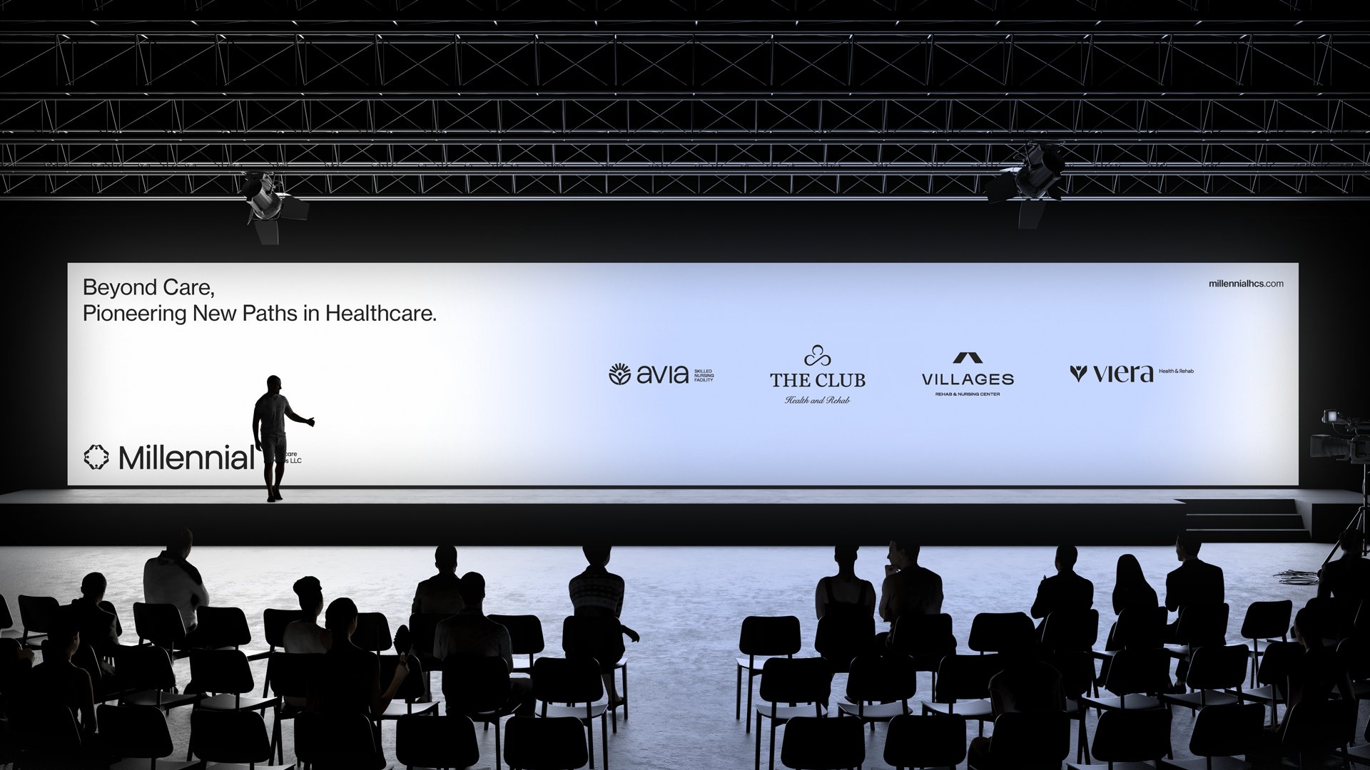 Millennial conference stage with full tagline lockup and wave graphic