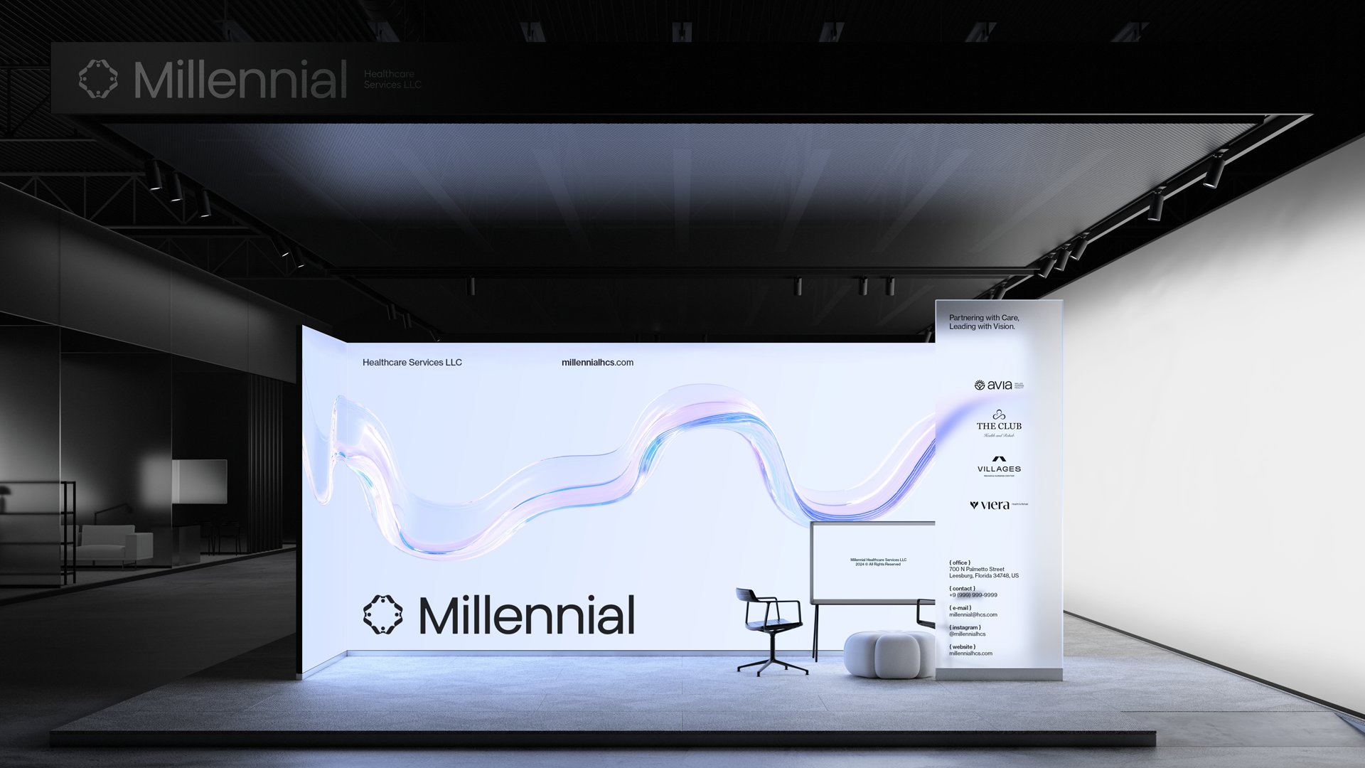 Millennial trade-show booth with iridescent wave installation