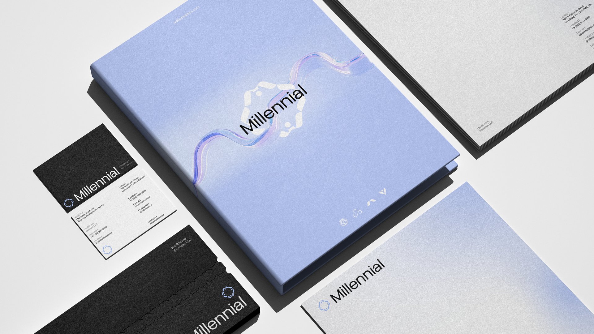 Millennial full stationery suite – folder, letterhead, business cards in iridescent lavender and black