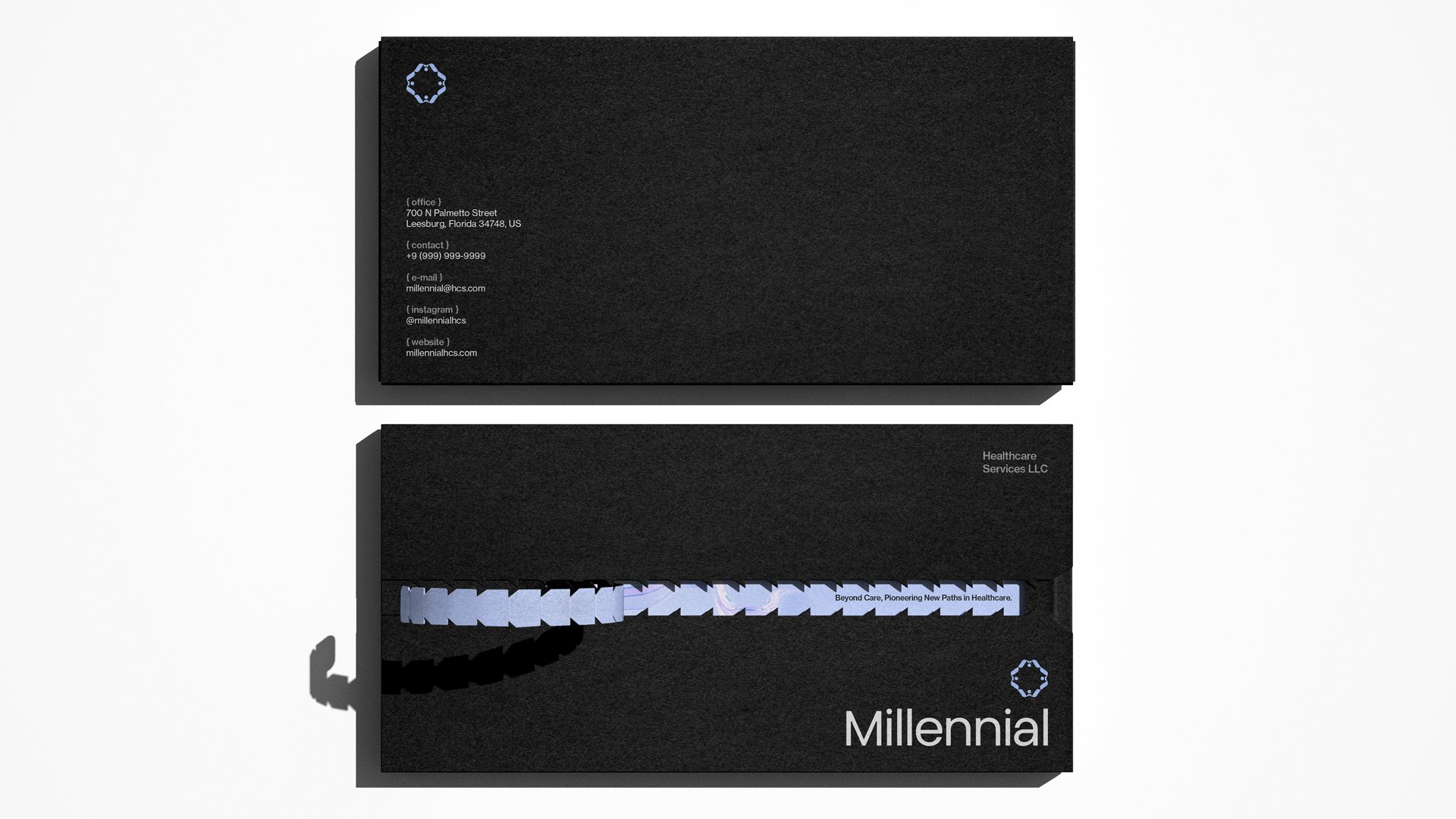Millennial welcome box – black slipcase with iridescent ribbon and tagline 'Beyond Care, Pioneering New Paths in Healthcare.'